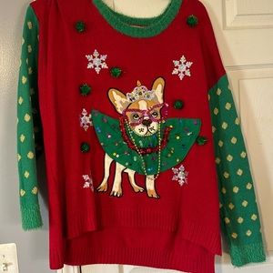 Christmas/holiday ugly sweater frenchie dog with jingle bell and 3d decorations